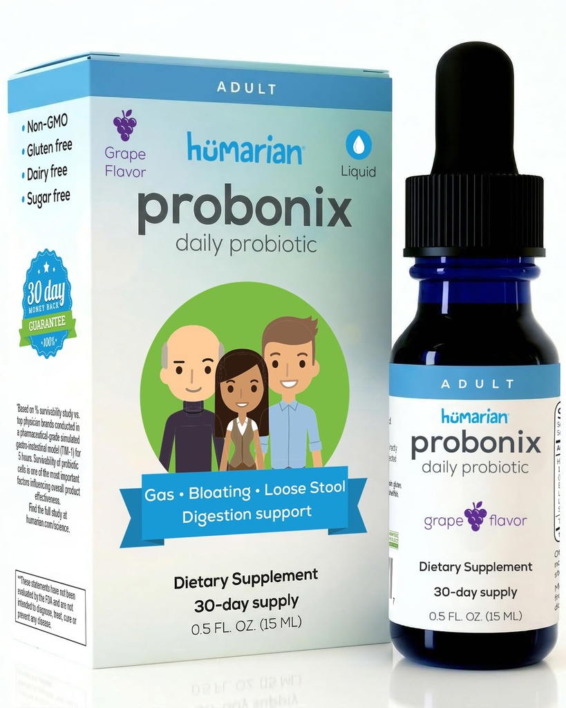 Probonix Humarian Liquid Probiootit aikuisille - 12-Strain Probiootti tipat Fortify Gut Health, Immuniteetti ja enemmän - 30 päivän toimitus - herkullinen viinirypäleen maku