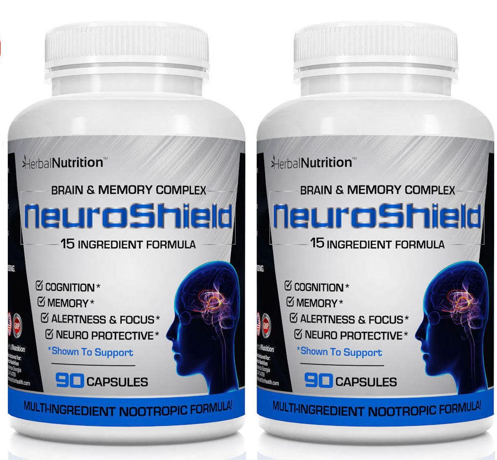 NeuroShield, aivolisäke a Nootropic Brain Booster and Memory Supplement, sisältää Huperzine A, Ginko Biloba, Bacopa Plus Antioksidantteja aivojen terveyteen, moniaine, 2 pulloa, 180 kapselia