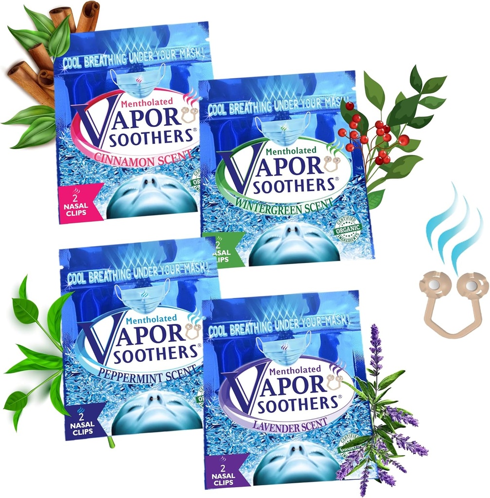 Nasal Dilator Clips, Cool & Easy Breathing Under Your Mask, 4-tuoksuinen Variety Pack (Peppermint, Wintergreen, Kaneli, Lavender), 8 Count, Instant Nasal Congestion Relief, Drug-free