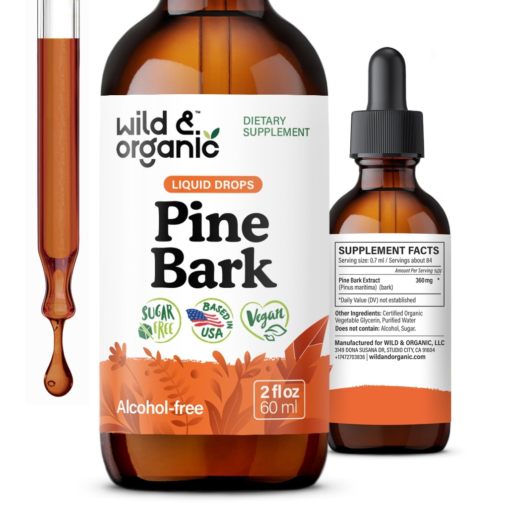 Wild & Organic Pine Bark Extract Tincture - Antioksidantti tuki - Pinus Pinaster lisäravinteet - Ranskan Maritime Bark Liquid Drops - 2-kuukautinen tarjonta - Vegaani, alkoholi- ja sokerivapaa - 2 fl oz