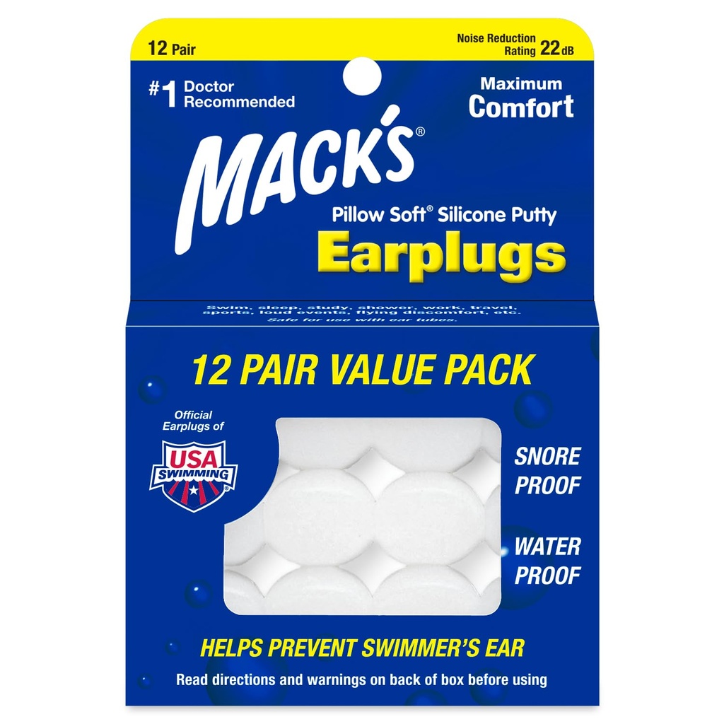 Mack's Pillow Soft Silicone Earplugs, 12 pari ... Alkuperäinen Moldable Silicone Petty Ear Plugs for Nukkuminen, Kuorsaus, Uiminen, Matkustaminen, Konsertit ja opiskelu USA Made in USA