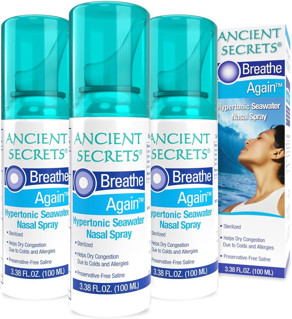 ANCETENT SECRETS Nasal Spray - Hypertonic Seawater Nasal Spray, Allergia & Sinus Relief, Nasal Congestion Moisturizer, 3.38 Fl Oz (Pack of 3)