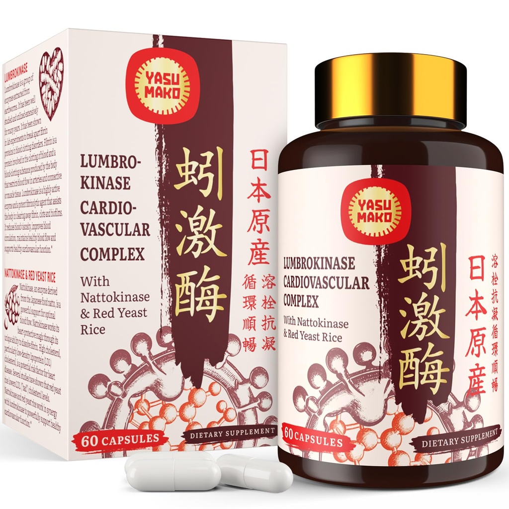 Lumbrokinase 100mg (Max Aktivitet 1,000,000 LKU), Nattokinase 100mg-2,000 FU av Aktivitet och Red Yeast Rice 300mg, Potent Lumbrokinase Enzymes Supplement för Cirkulatory,Cognition,60 kapslar (Pack av 1)