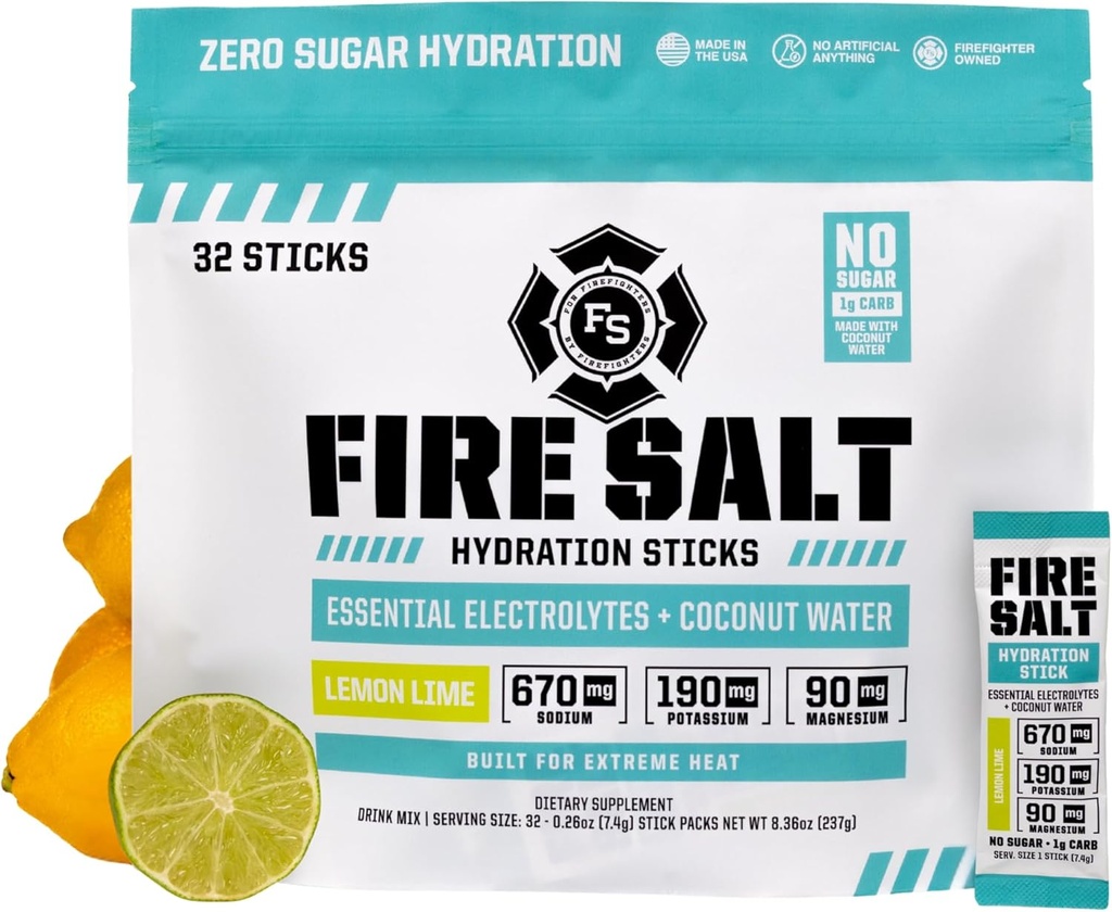 Fire Science Fire Salt Hydration Sticks, Electrolytes & Coconut Water, Hydration Drink Mix med Magnesium, Potassium & Sodium, Zero Sugar, Single Serve On The Go Packs, Lemon Lime Flavor, 32 Count