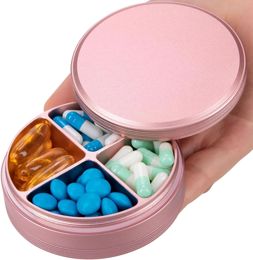 Metal Pill Organizer 4 Osastot - Kannettava matka pilleri tapauksessa Päivittäinen, vedenpitävä pilleri laatikko laukku, kompakti pilleri holder Medicine Container Dispendsers for Vitamiini Cod Maksaöljy Supplement Vaaleanpunainen