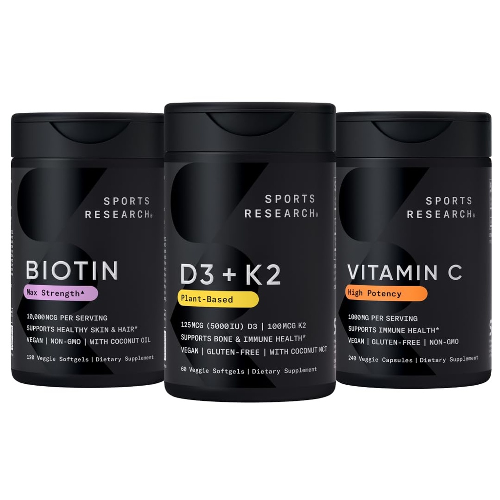 Sportforskning Vitamin D3 5000iu K2 100mcg, Vegan Biotin 10.000mcg med kokosolja och hög potens vitamin C Supplement 1000mg