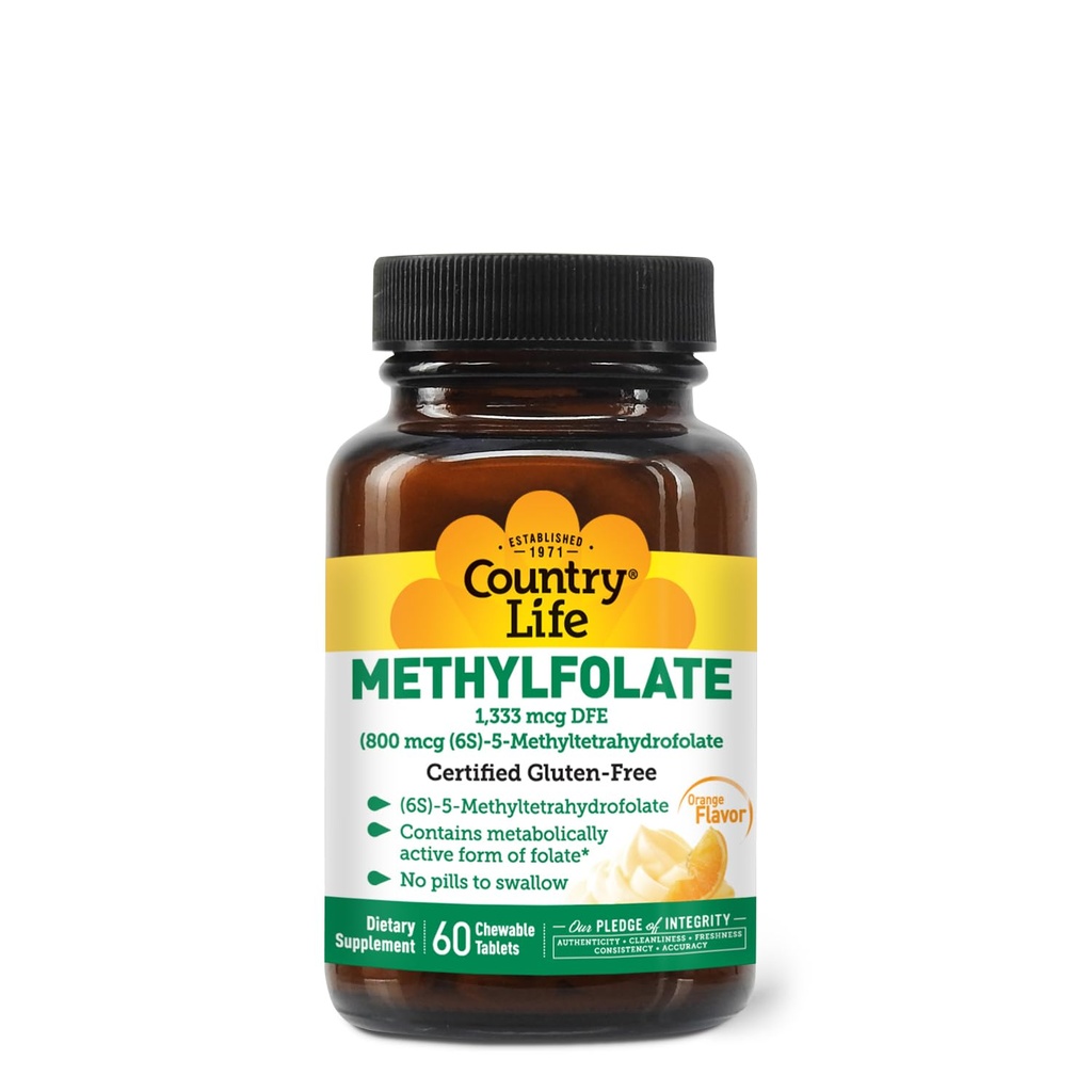 Country Life Methylfolate Chewable Tablets - Metabolically Active Folate - Great Tasting Orange Flavor - Gluten-Free - Smooth Melts - Vegan B12 - Kvinnors vitaminer - Dagligt tillskott - 60 tabletter