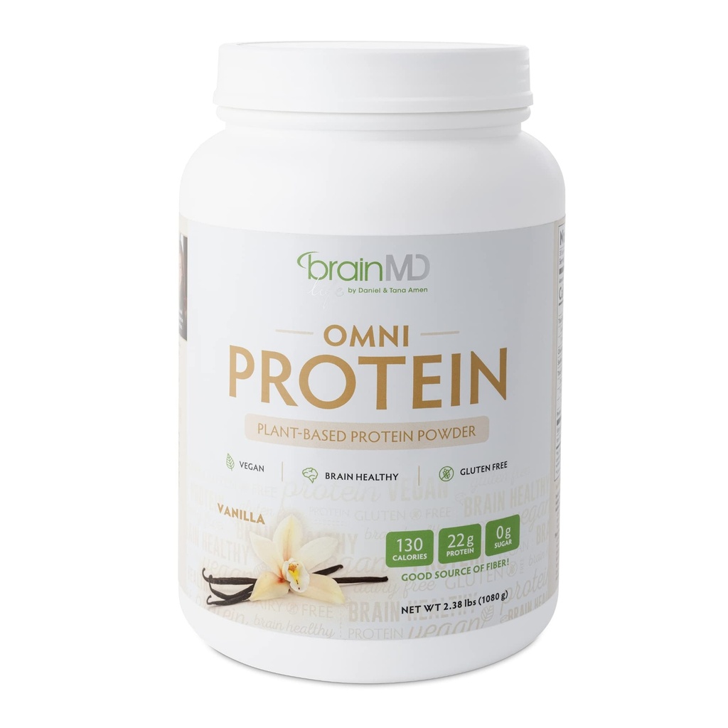 BRAINMD Dr Amen Omni Protein Vanilla - 2,38 lbs - Plant-Based Protein Powder - edistää energian ja liikunnan hyödyntämistä - Vegaani, kasvissyöjä, sokeriton, Gluteeniton - 30 tarjoilua