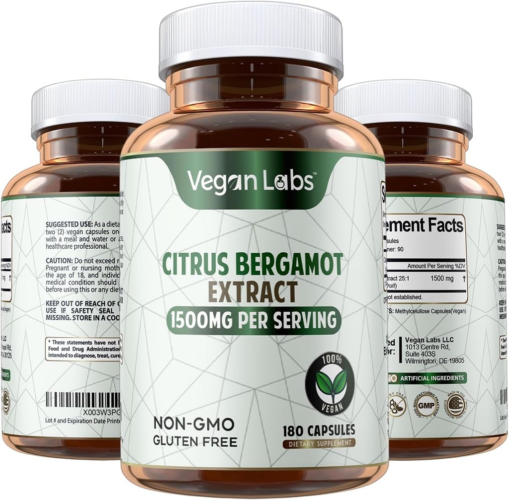 Vegan Labs Citrus Bergamot Extract 1500MG- 180 Vegaanikapselit- 25:1 Citrus Bergamia Extract- tukee yleistä terveyttä ja antioksidanttisuojaus - Gluteeniton, ei-GMO