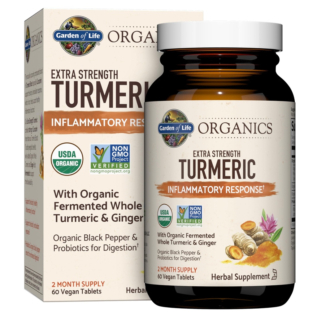 Garden of Life Organics Extra Strength Turmeric Inflammatory Response 60 Tablets-100mg Curcumin (95% Curcuminoids) Black Pepper, Probiotika, Organic Non-GMO Vegan Gluten Free Herbal Supplement
