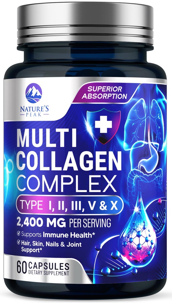 Multi Collagen Peptides lisäravinteet hiukset, kynnet, iho - tyyppi I, II, III, V, X, Collagen Powder Pills - Grass-Fed, Hydrolyzed for Bone and Joint Support for Women & Men, Non-GMO - 60 kapselia