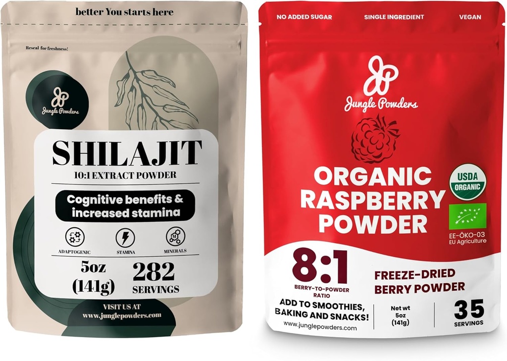 Jungle Powders Superfood Bundle: 5oz Raw Shilajit & 5oz Organic Raspberry Powder Combo - Mäns Energy Support, Immune Boost, USDA Certified Freeze-Dried Red Raspberries för Baking, Smoothies