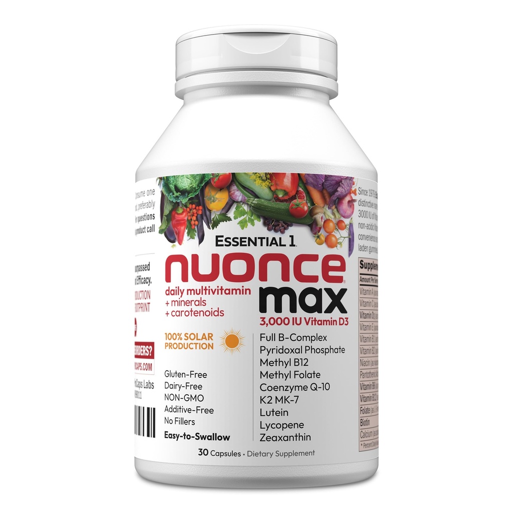 ANDREW LESSMAN Essential-1 nuonce max Multivitamiini 3000 IU D3- vitamiini 30 Pieniä kapseleita 100 mikrog Metyyli B12. CoQ10 Lutein Lykopeeni Zeaksantiini. Ylivoima. Ei lisäaineita. Ultramild yhden päivän kapseli