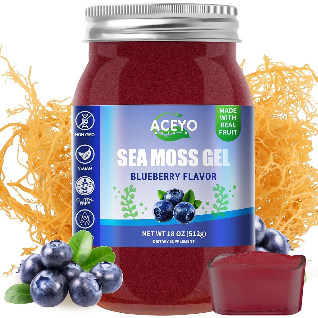 ACEYO (18 OZ) Irländska Sea Moss Gel Organic Raw Vegan Blueberry Flavor 102 Vitaminer och Minerals Wild Harvested Non-GMO Immune Defense Booster Thyroid Digestive Support