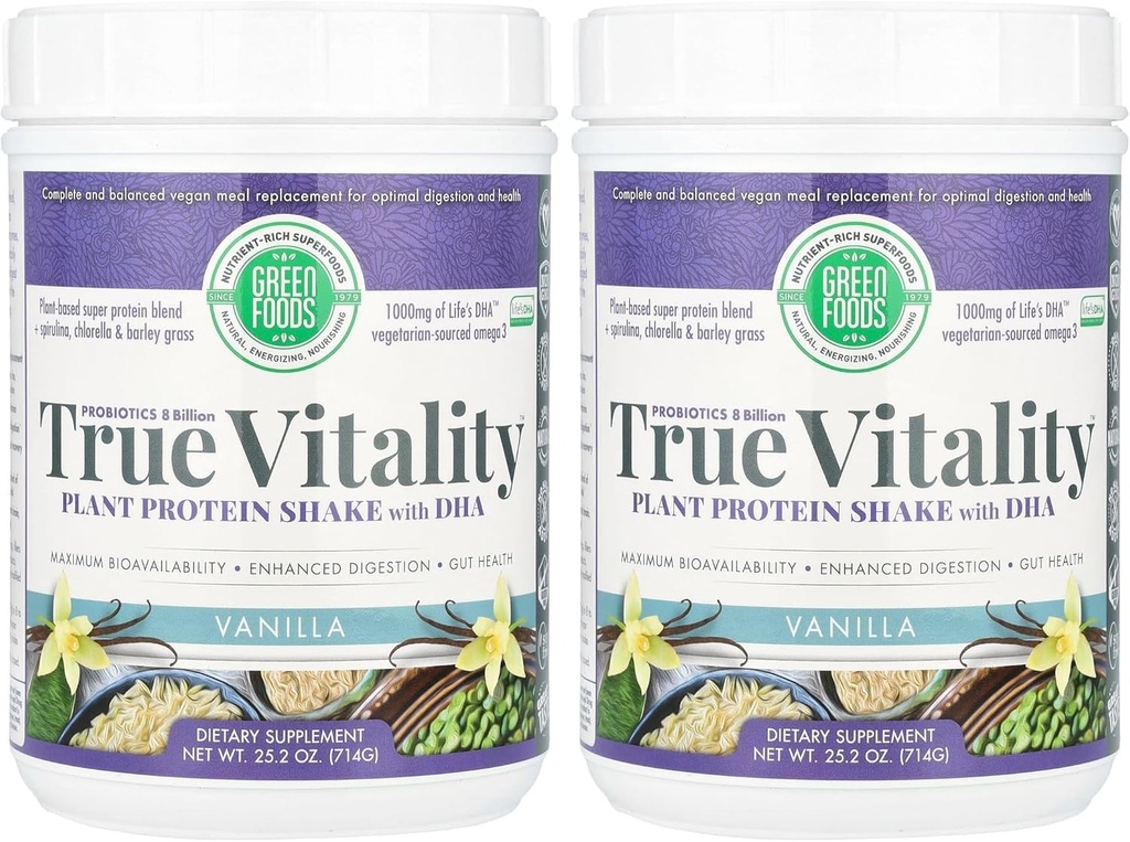Green Foods True Vitality Plant Protein Shake, Vanilja, 25,2 Ounce (Pakkaus 2)