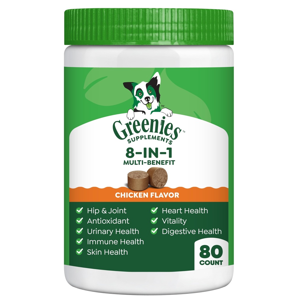 Vihreät koiran lisäravinteet 8-in-1 Multi-Benefit Chicken Flavor, 15,5 oz. Kontti, 80 Count