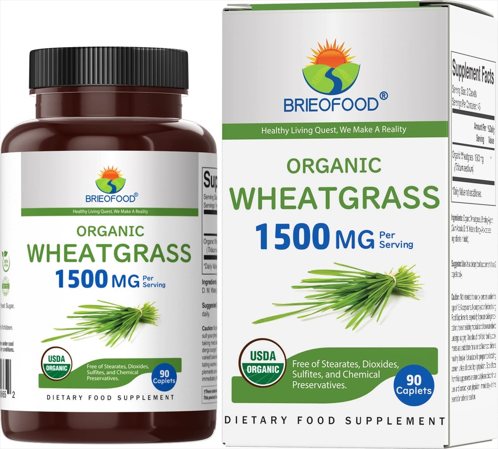 Brieofood Organic Wheatgrass 1500mg, 45 Tarjoilu, Kasvisruoka, Gluteeniton, 90 Kasvisruoka Tabletit