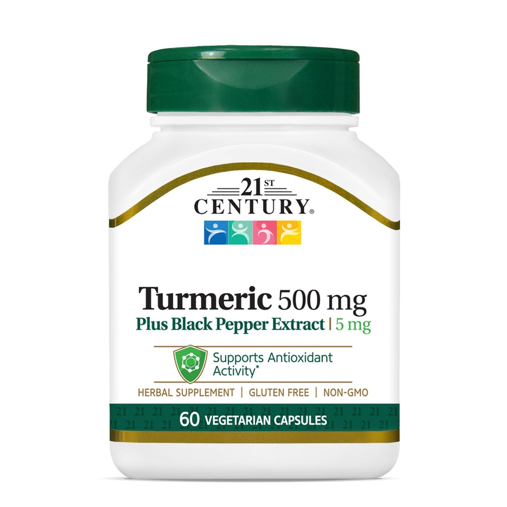 21st Century Turmeric 500 mg Plus Black Pepper Extract Kasvissyöjäkapselit, 60