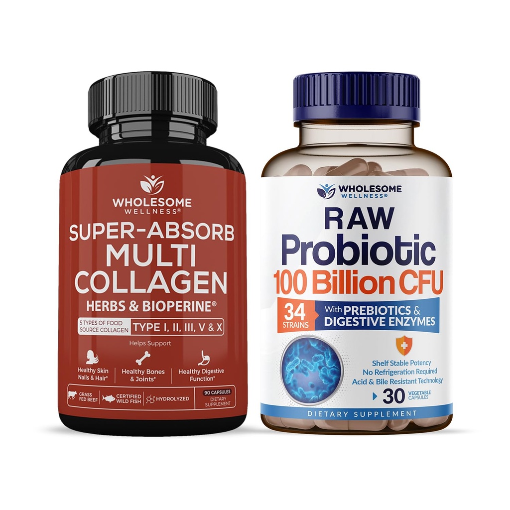 Terveellinen hyvinvointi Super-Absorb Multi Collagen pillereitä (tyyppi I III V X) Organic Yrtit ja Bioperiine + Organic Probiootit 100 miljardia PMY, Dr Formulated Probiootit naisille, miehet & aikuiset Bundle