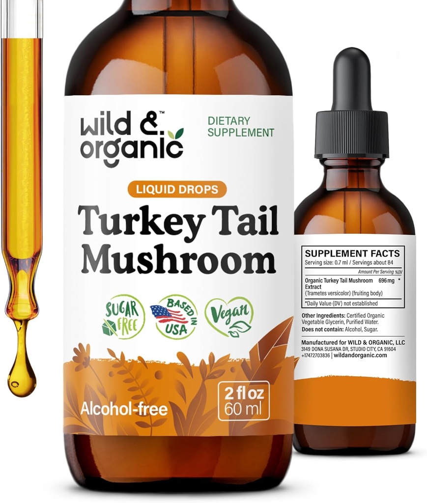 Wild & Organic Turkey Tail Tincture - Immune & Gut Support - Turkiet Tail Mushroom Extract Drops - Vegan, Sugar & Alcohol-Free Liquid Supplement - 2 fl oz