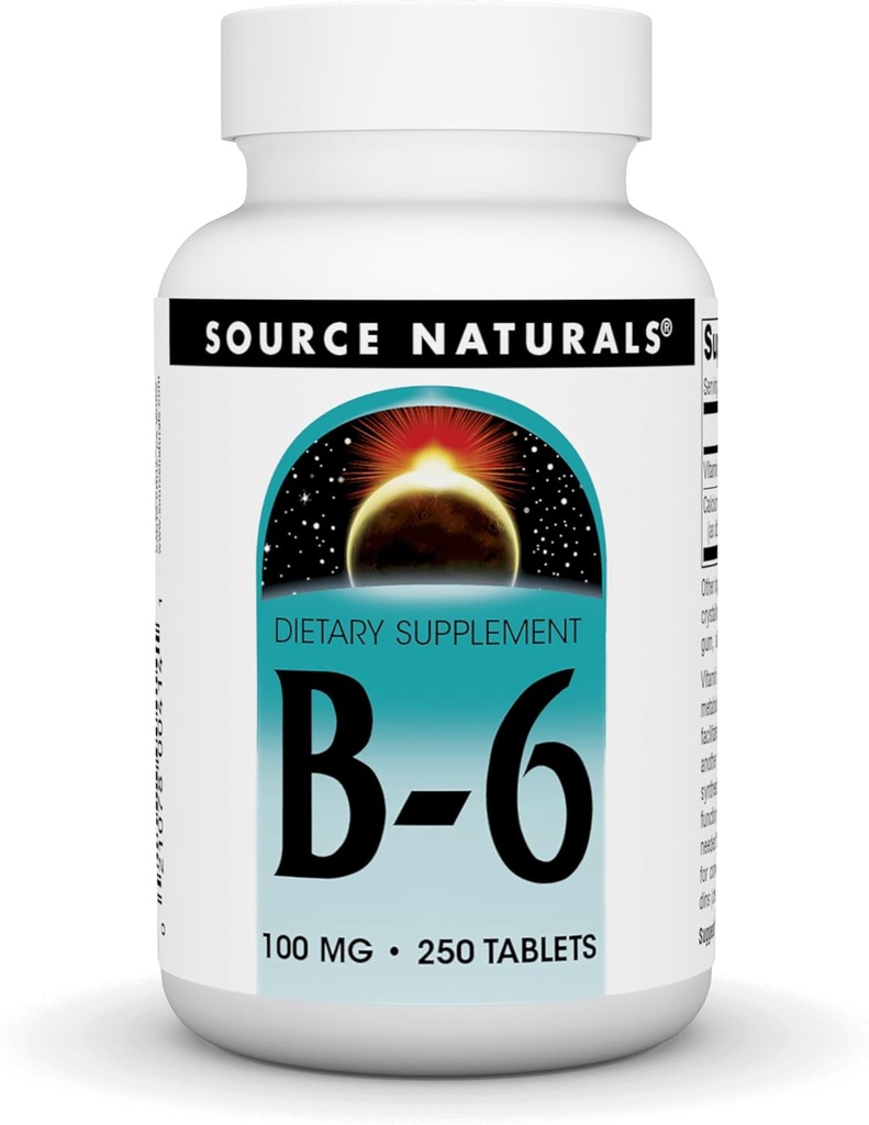 Lähde Naturals B-6-vitamiini, 100 mg Immuunijärjestelmän tuki - 250 tablettia