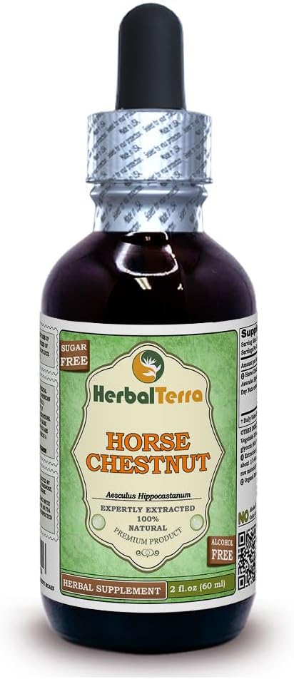 Hevosen kastanja (Aesculus Hippocastanum) Glyseriitti, luomukuivatut pähkinät Alkoholiton nesteuute (Brandin nimi: HerbalTerra, ylpeästi valmistettu Yhdysvalloissa) 2 fl.oz (60 ml)