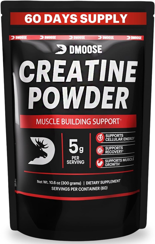 DMoose Kreatin Monohydratpulver - Kreatinpulver för Muscle Gain & Recovery Supplement - 300g Per Serv (5g) 2 skopor - 60 portioner