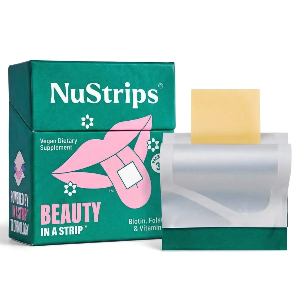 NuStripsTM Fast-Dissolving Beauty Strips med Biotin, Folate & Vitamin E - Hair, Skin & Nails Supplement - Stöder hårväxt och minskar hårfallet - Icke-GMO, Vegan - Utsökt jordgubb - 30 Strips