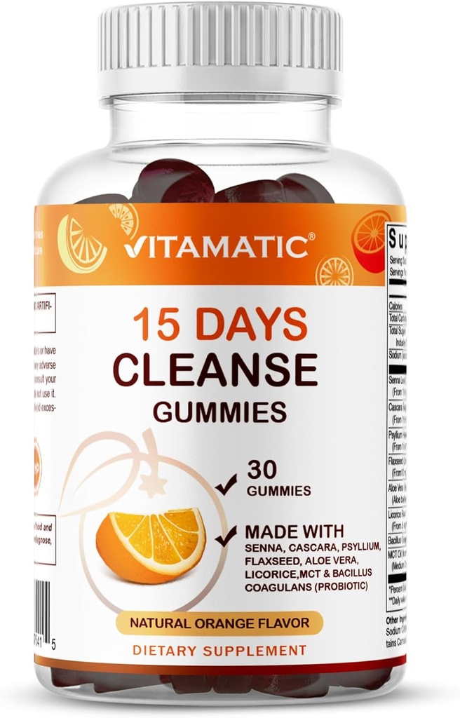 Vitamatic 15 Day Cleanse Gummies, Senna, Cascara, Psyllium, pellavansiemen, Aloe Vera, Licorice, MCT, Probiootti