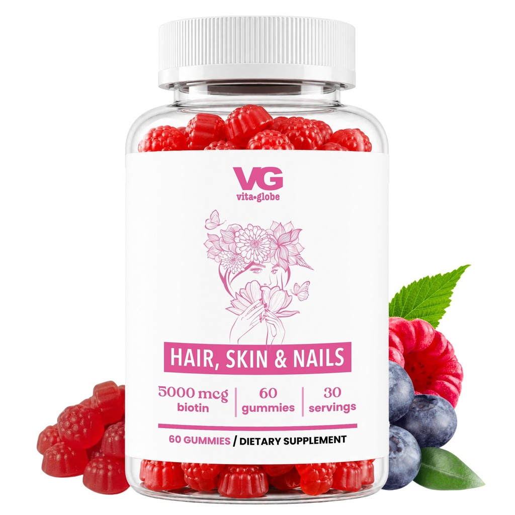 VITA GLOBE Hiukset, iho & kynnet + Kollageeni Gummies ... 20mg A-, C-, D-, E-, B6- ja Biotin- ja Kauneus & wellness-lisäaine terveille hiuksille.