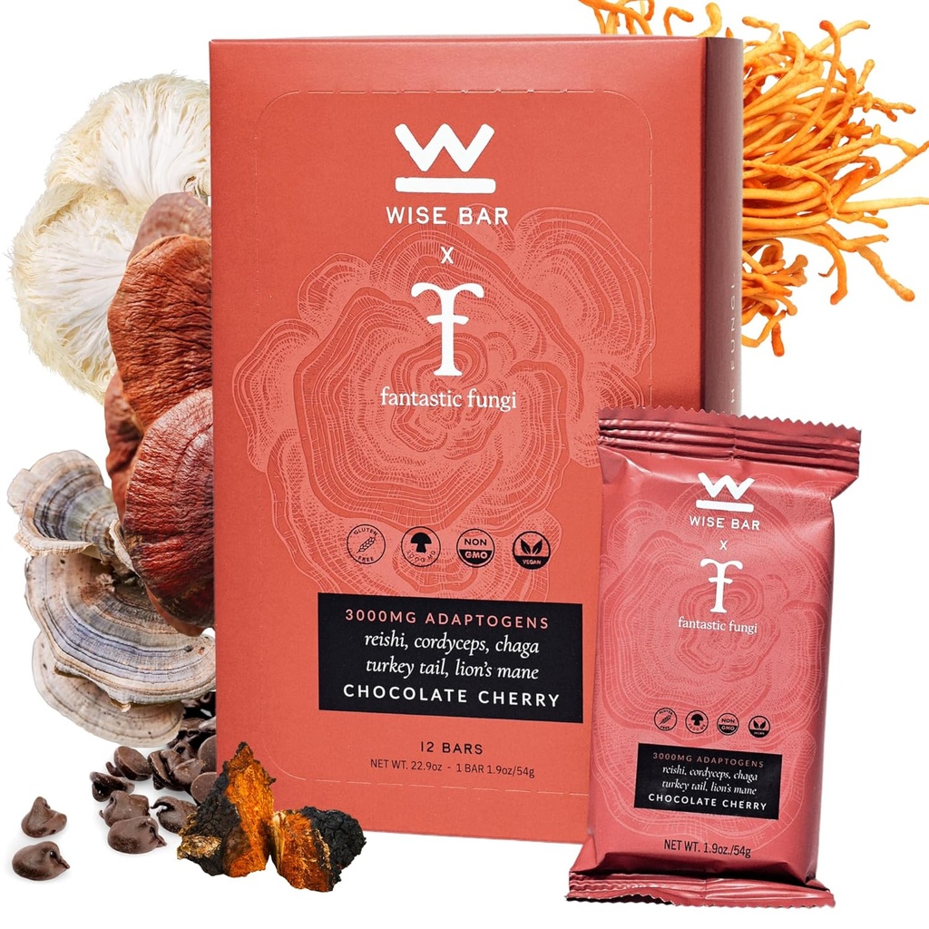 Wise Bar Adaptogen Mushroom Nutrition Bars Reishi, Lions Mane & Ashwagandha, Organic Vegan & Gluteenittomat Välipalat Natural Focus, Energy & Immuniteetti Support, Chocolate Cherry Flavor, 12 Count