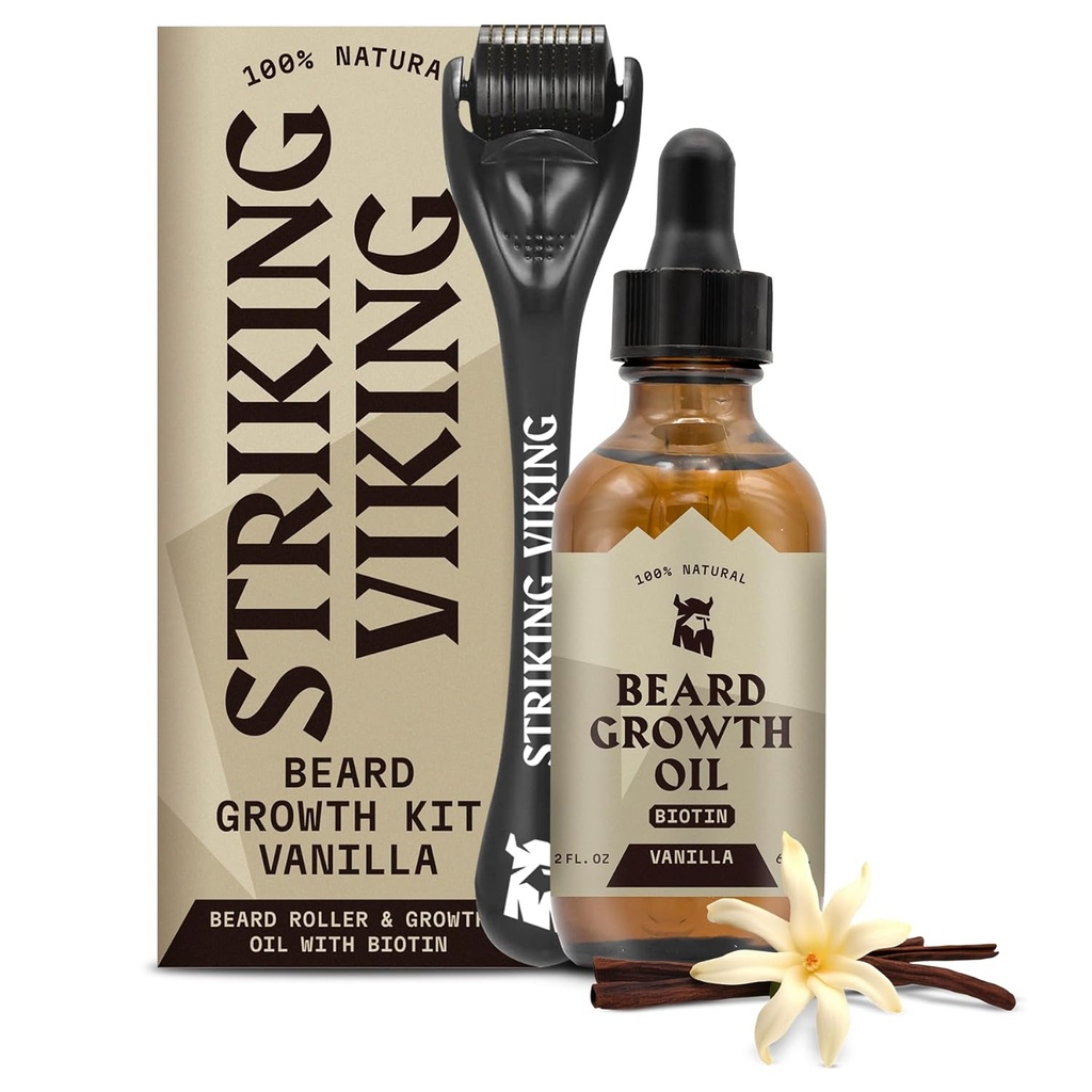 Striking Viking Parta Kasvuöljy - 2 fl oz, Pakkaus 1, Vanilla - Paksu Parta Oil Jojoba & Argan Uutteet - Edistää kasvojen hiusten kasvua ja tavoitteet Patchy alueet - Biotin linnoitettu
