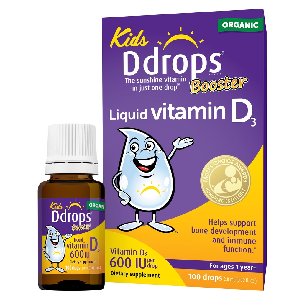 Ddrops Barn Booster 600IU 100 droppar - Daglig flytande vitamin D för barn. Stöd Strong Bones & Immune System hos barn. Inga konserveringsmedel, ingen socker, icke-GMO, allergivänligt