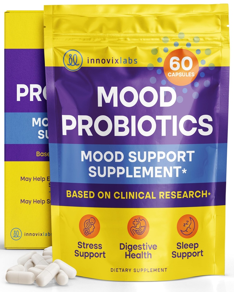 InnovixLabs Mood Probiotic för kvinnor och män, kliniskt Studied Digestive & Mood Support Supplement, Lactobacillus helveticus Rosell-52ND & Bifidobacterium longum Rosell-175, 60 kapslar