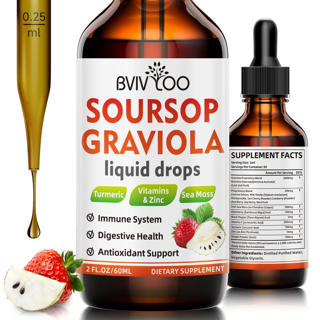 Soursop Graviola Liquid Drops for Cell Support & Regeneration, Immuuni Boost, Rentoutua, Maksa ja uni, Soursop Bitters Liquid, Sokeri/Gluteeniton, Luonnollinen Mansikka Flavor - 2 Fl Oz (60 ml) pullo