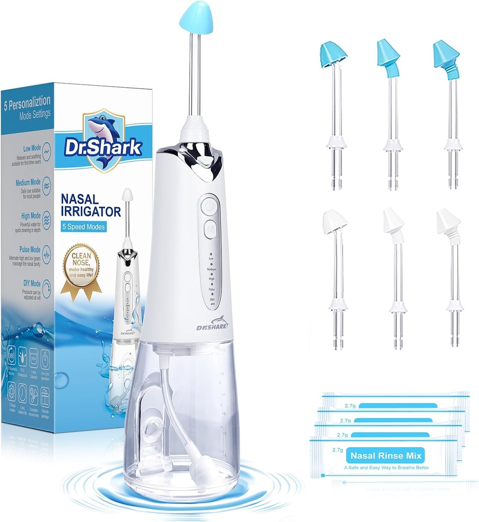 DR.SHARK Cordless Nasal Irrigation System, Electric Netting Pot för Sinus, Nose Cleaner, Sinus Cleaner Machine, 5 Modes Nasal Rinse Machine