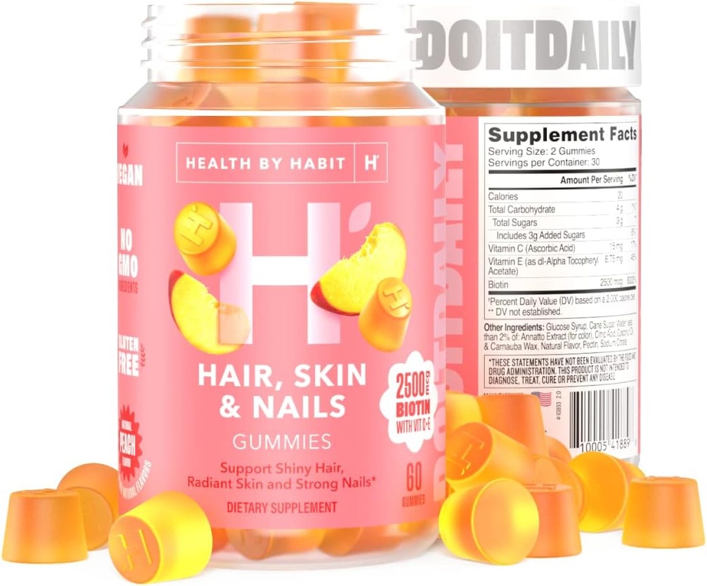 Terveys Habit hiukset, iho ja kynnet täydentää (60 Gummies) - 2500 mcg Biotiini, C-vitamiini, E-vitamiini, vahvat kynnet, Peach Flavor, Vegan, Gluteeniton, ei GMO