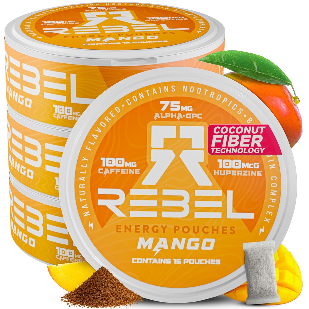 Nootropic Energy Coffeine Puches • 100mg Kofeiini • Alfa GPC • Huperzine A & Essential Vitamiineja • Sokeriton • Kookoskuituteknologia • Mango maku • 15 Puches Per Can (pakkaus 4)