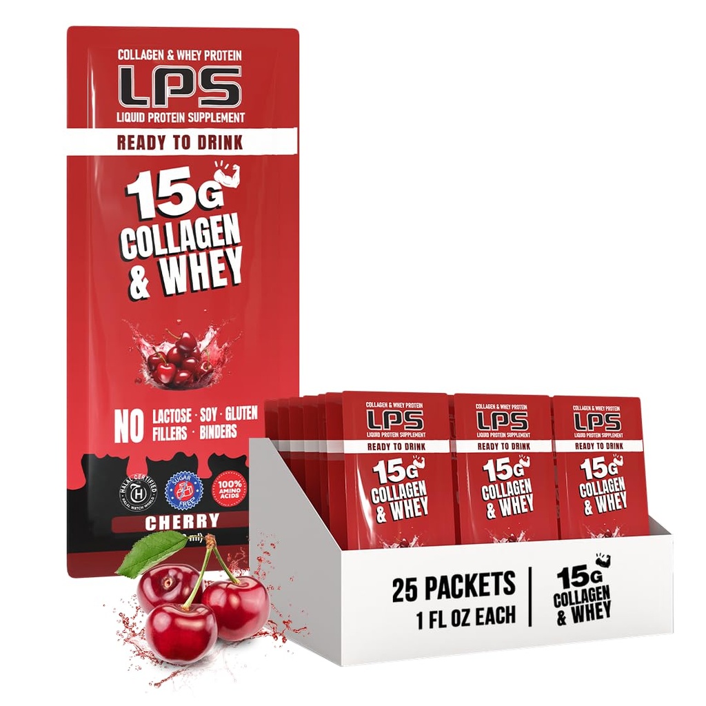 Nutritional Designs LPS Liquid Collagen & Whey Protein Supplement - Non-GMO Drink, Sugar-Free - Främjar hälsosam hud och hår för män och kvinnor, Cherry, Single Serve (25 Packets)