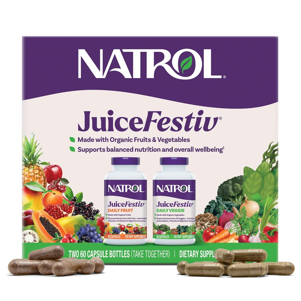 Natrol JuiceFestiv, vitamiinit ja lisäravinteet ravitsemusta ja hyvinvointia, antioksidantteja soluterveyden, 60 kapselia (2- Count), jopa 30 päivän tarjonta