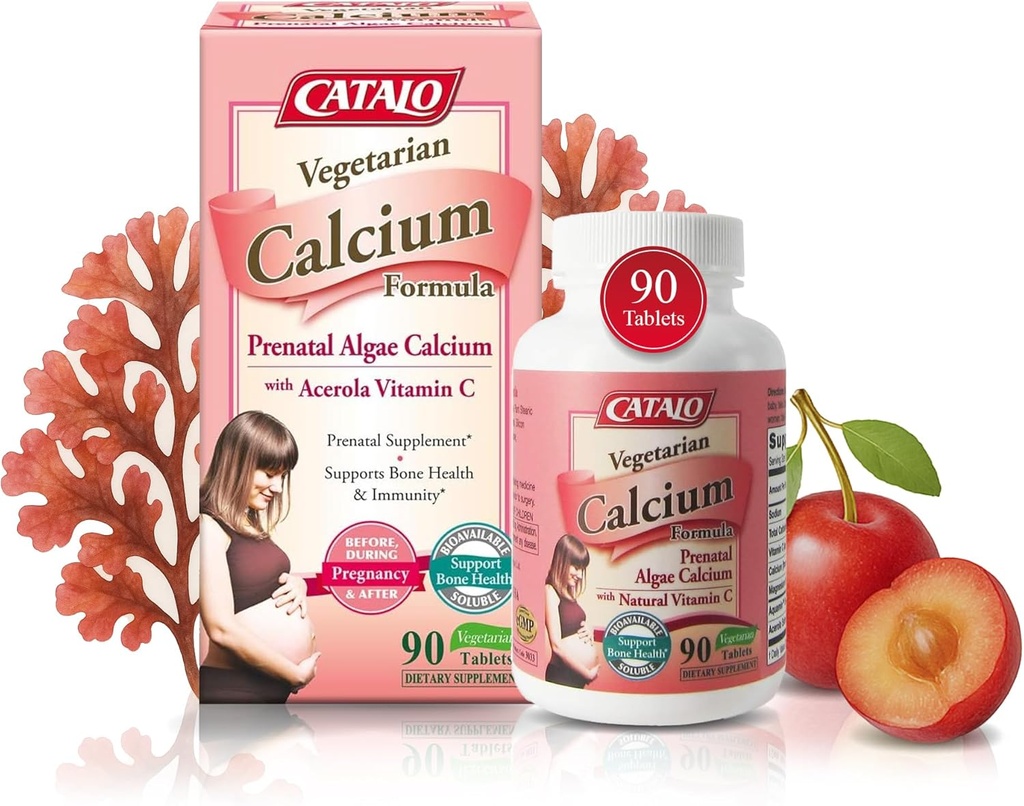CATALO Vegetarian Calcium Supplements for Women - Plant-Based Red Algae Calcium med Magnesium & Vitamin C för förbättrad absorption - 90 tabletter