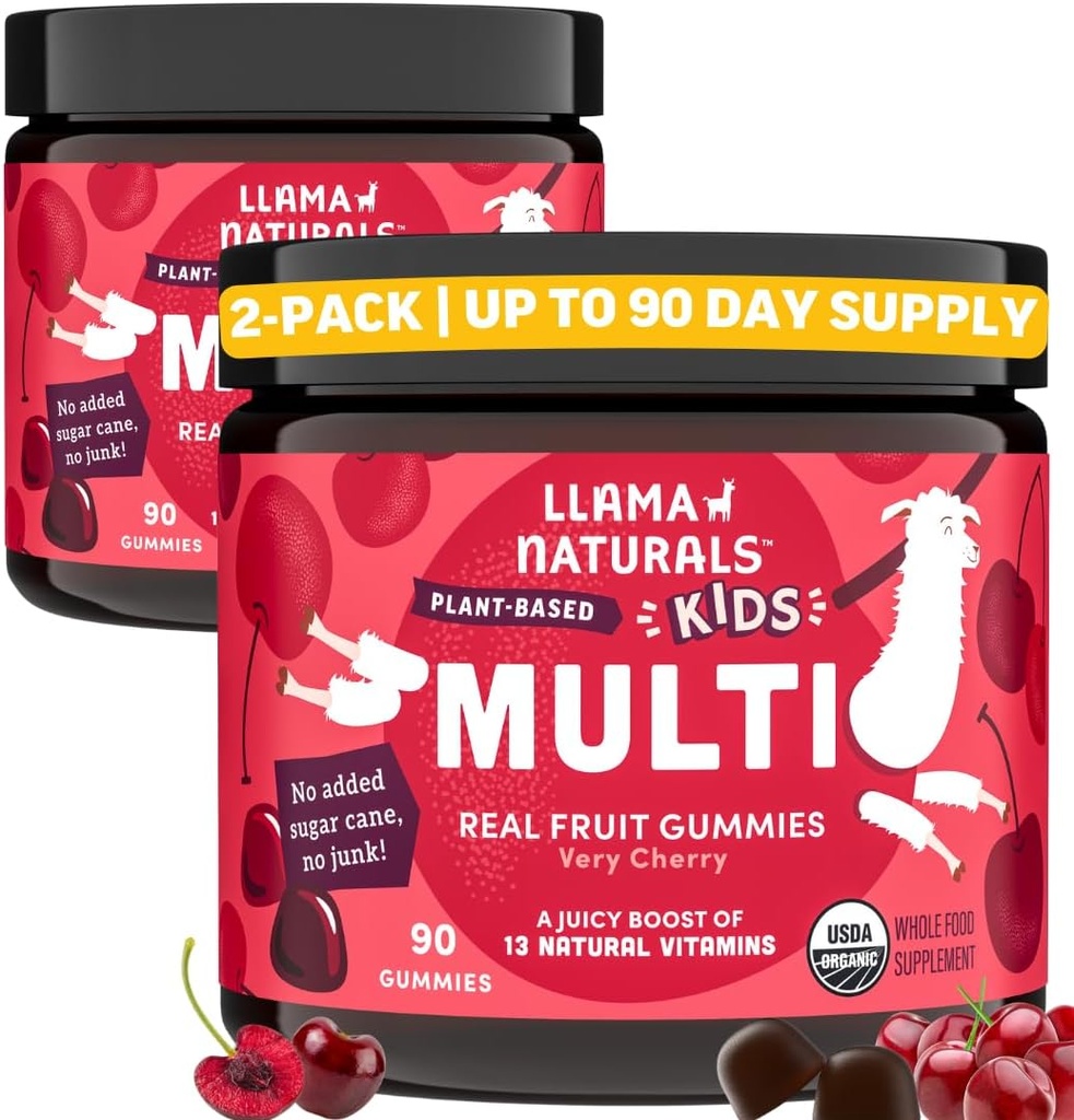 Llama Naturals Lasten monivitamiinia Gummies, Vegaani, Luomu D-vitamiinia, C & K-vitamiinia, Toddler Real Fruit Gummy Vitamiineja, Pureskeltava lisäravinteet, Koko ruoka monivitamiinia, Ei lisätty sokeriruoko, Kirsikka, 2 Pk