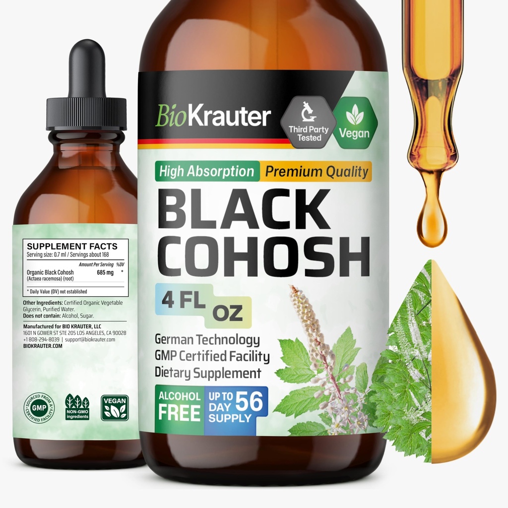 BIO KRAUTER Musta Cohosh Tincture - Vegaani musta Cohosh täydentää Naisten tuki - Alkoholi ja sokeriton - 4 Fl.Oz.