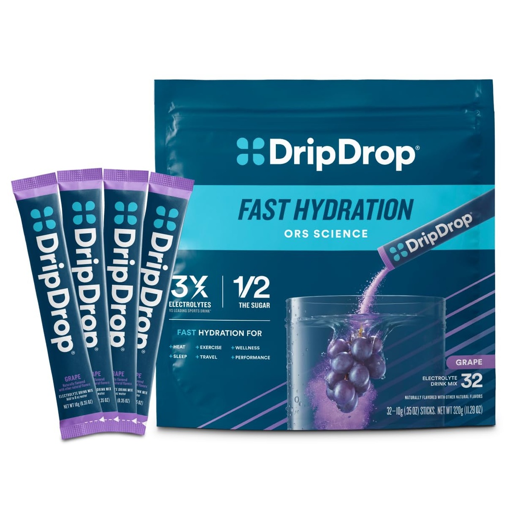 DripDrop Hydration Packets - Grape - Single Serve Electrolytes Powder Drink Mix - GMO, Gluteeniton, Vegan - 32 Sticks