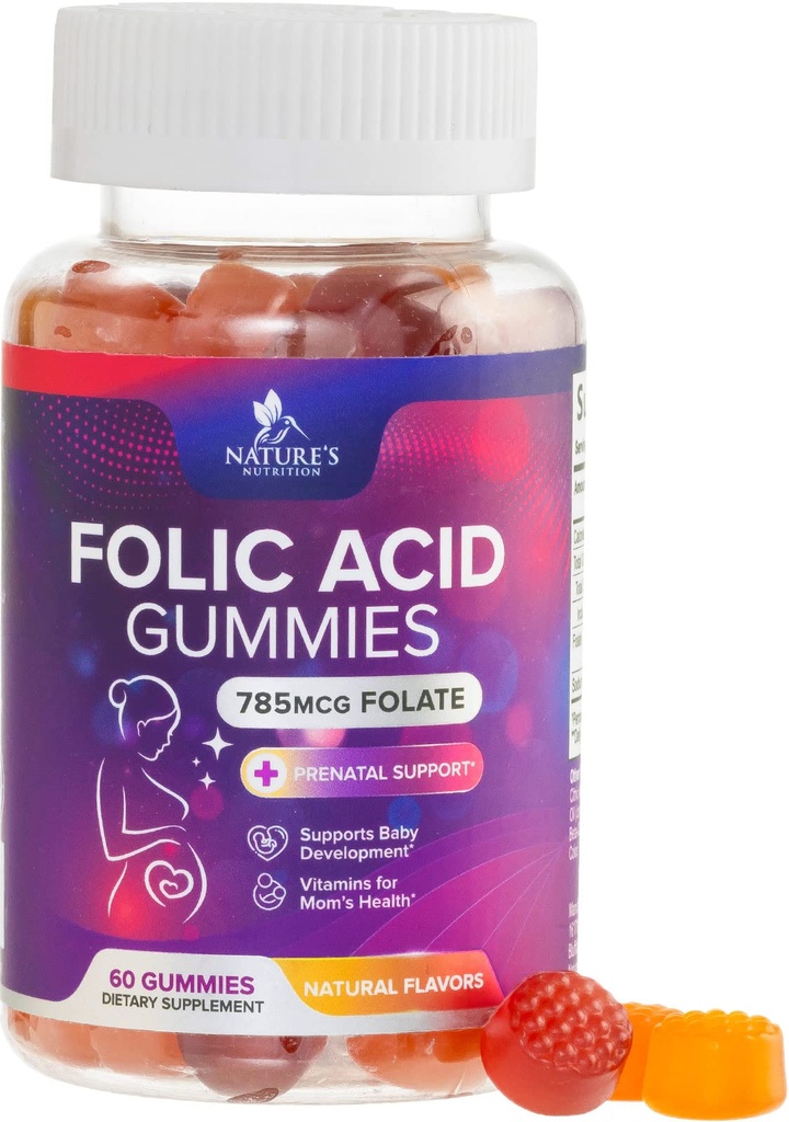 Folic Acid Gummies för kvinnor 785 mcg, väsentliga prenatala vitaminer för mamma och baby, Vegan Folic Supplement Gummy, Daily Vitamin B9 Extra Strength Folate, Innan under graviditeten - 60 Gummies
