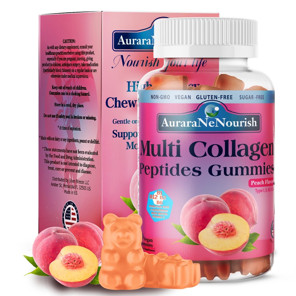 Multi Collagen Peptides Gummies, Sokeriton Hydrolysoitu 5000 mg Proteiini I, II, III, V, X kanssa Biotin Hyaluronic Acid C-vitamiini A D B6 B12 L-glutatione ihon hiukset nivelluu - persikka Gummies