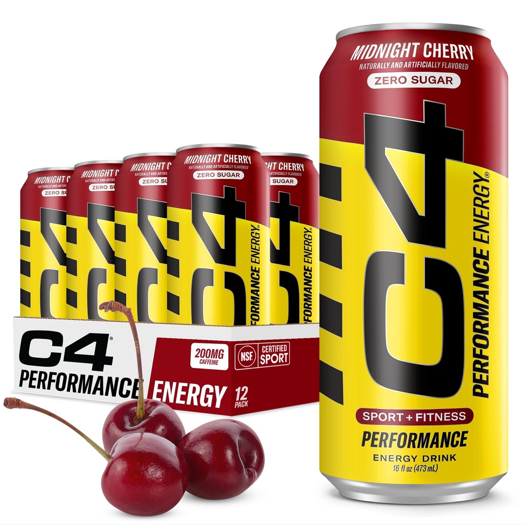 C4 Energy Carbonated Zero Sokerin energiajuoma, Esitreeni Drink + Beta Alanine, Keskiyön kirsikka, 16 Fl Oz (paketti 12)