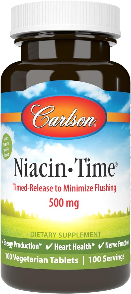 Carlson Niacin-Time 500 mg, B-3 vitamiini, aikavapautettu, 100 tablettia