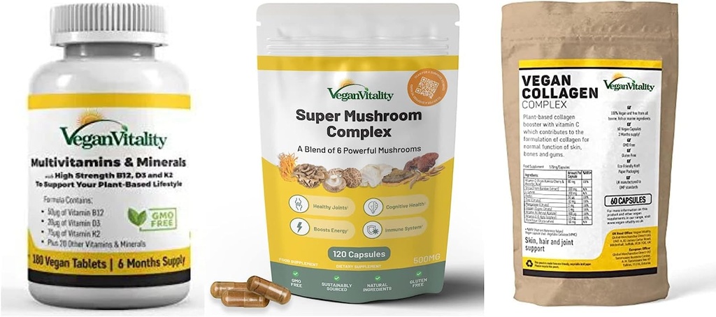 Vegan Vitality Booster täydentää Bundle - Vegan multivitamiinit, Collagen ja Super Mushroom Complex. Korkea vahvuus Plant-Based Formula yleistä terveyttä vegaaneille ja kasvissyöjille
