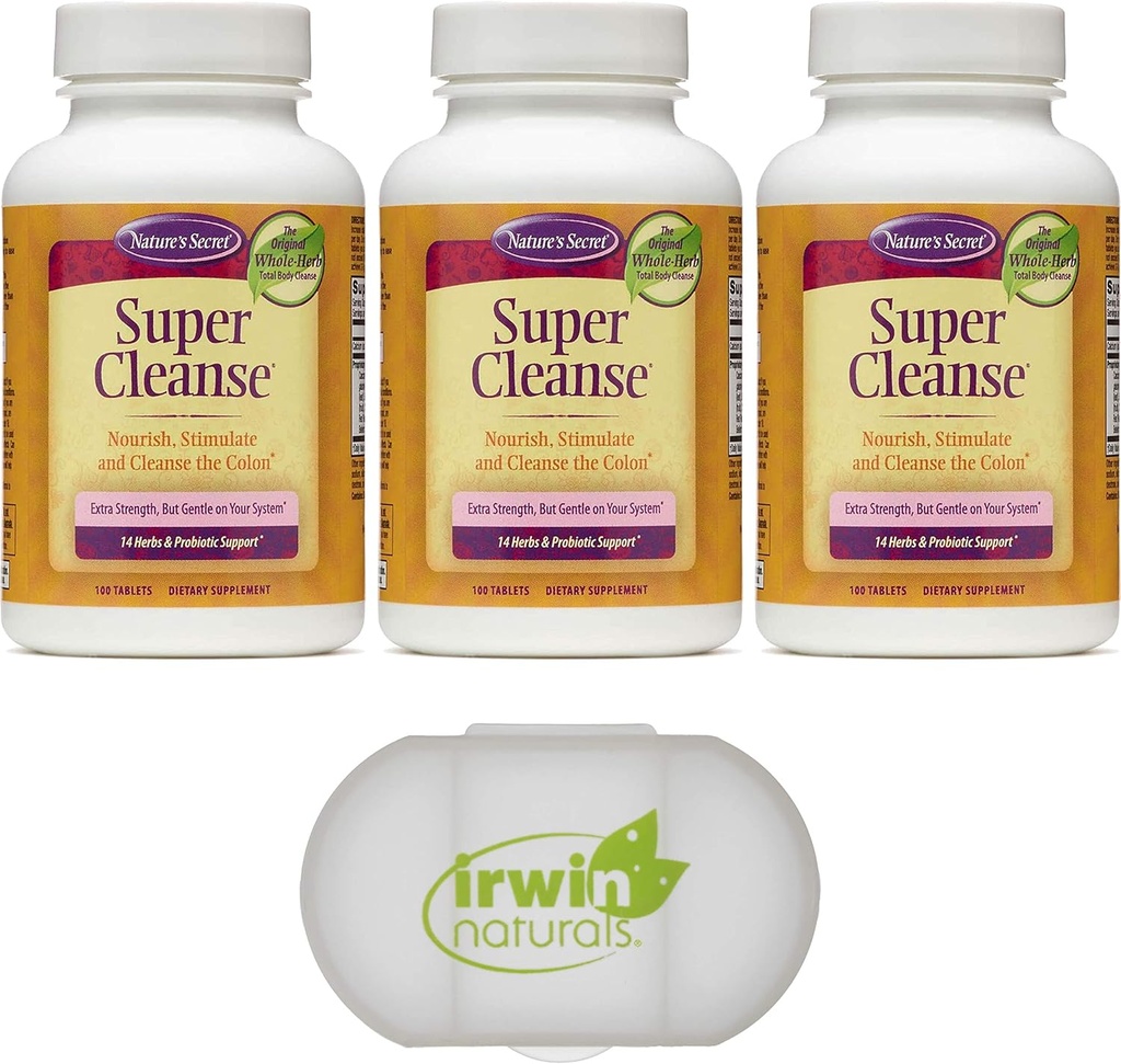 Nature's Secret Super Cleanse Extra Strength Toxin Detox & Gentle Eliminaatio Kokonaiskehopuhdistus, Ruoansulatus- & Colon Health Support, 3 pakkausta 100 tablettia, jossa pillerikotelo